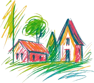 Les maisons du Hameau dessinées au crayon, entre les arbres et les prés
