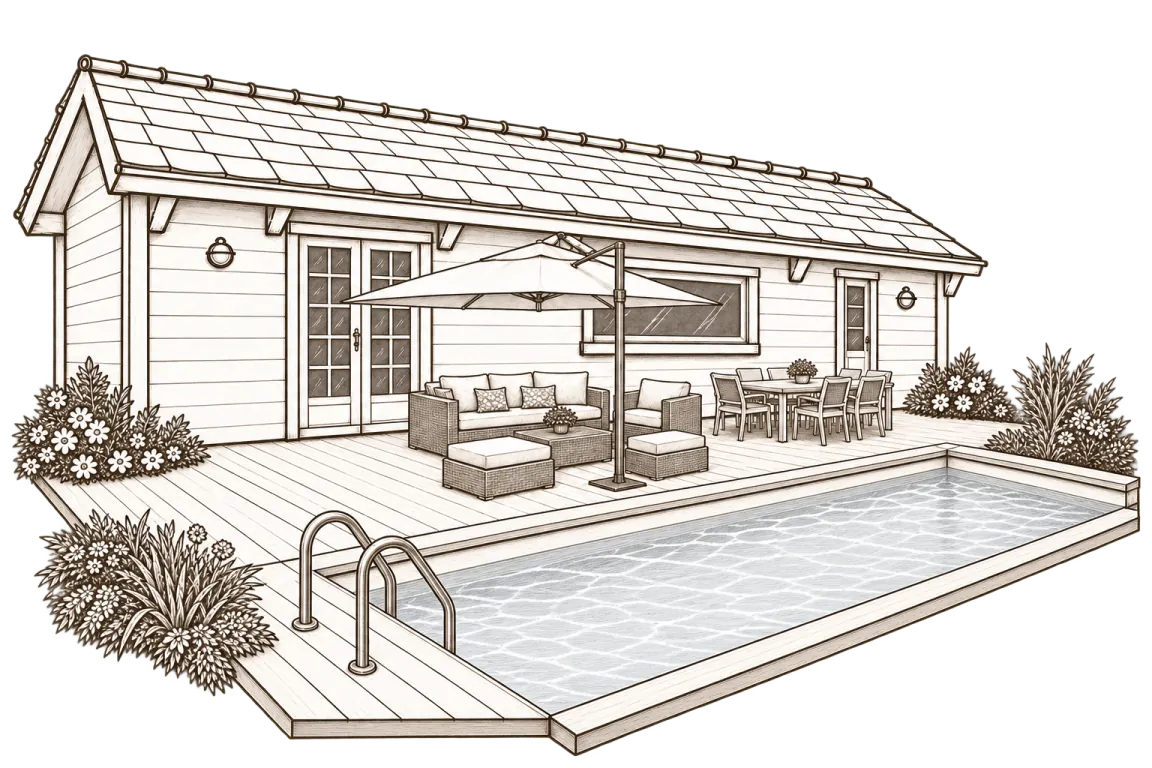 Le Chalet Normand dessiné au crayon : son bardage de bois, sa terrasse et sa piscine