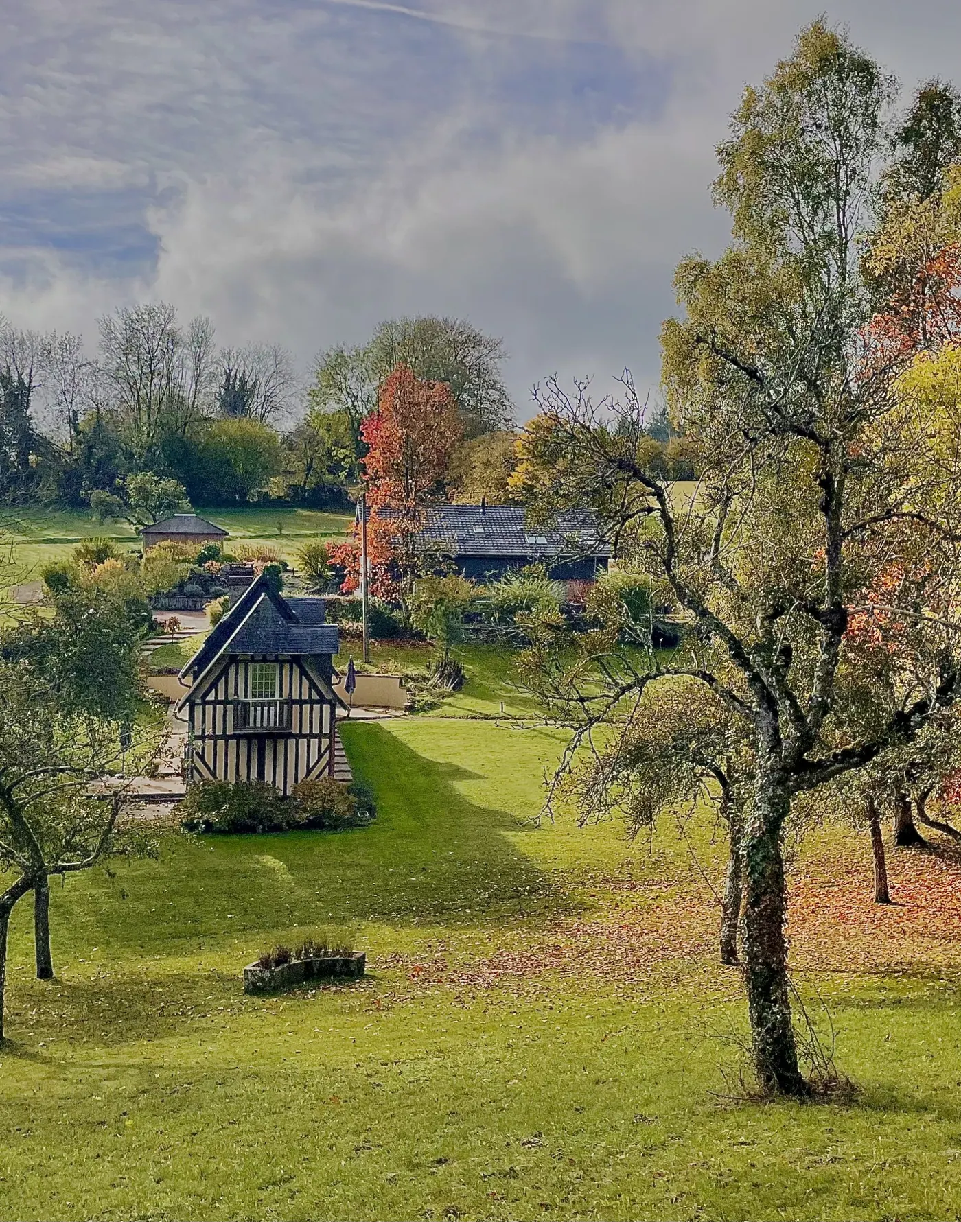 Le Hameau vu du ciel à l’automne : la pelouse, les arbres roux et Reinette Grise au milieu des prés