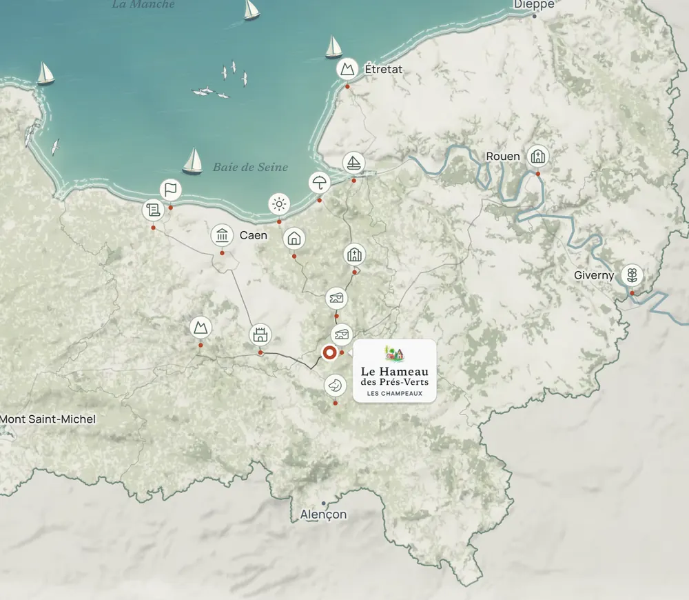 La carte de la Normandie, de la côte au Pays d’Auge, avec le Hameau des Prés-Verts aux Champeaux