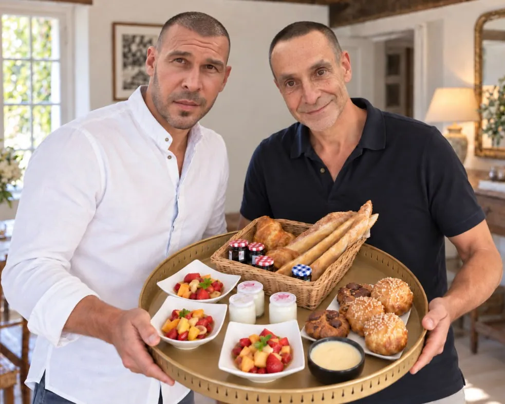 Loïc et Stéphane dans la salle à manger, un plateau de petit-déjeuner entre les mains : viennoiseries, fruits, confitures