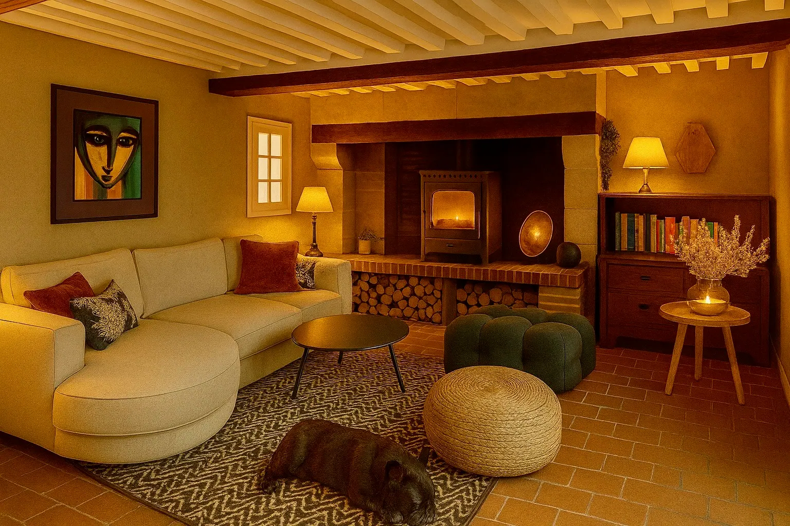 Le salon, le canapé clair, le poêle allumé et un chien sur le tapis