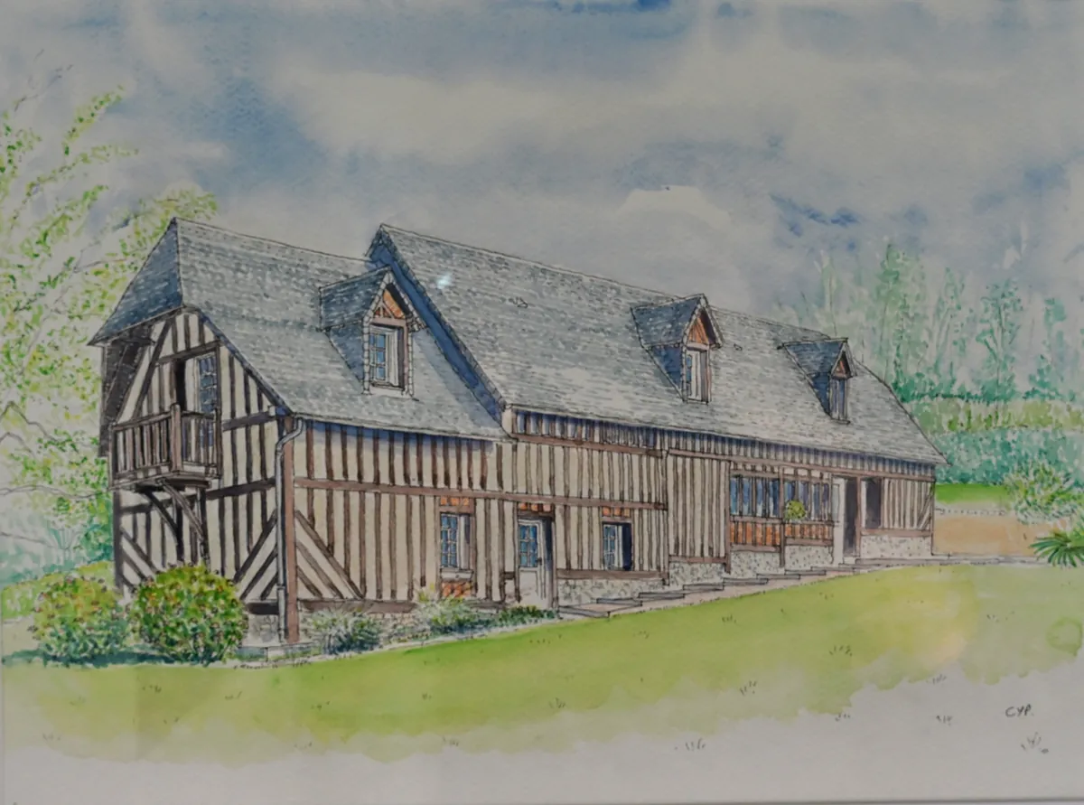 L’aquarelle finie de Cyp : Reinette Grise, au Hameau des Prés-Verts, sa façade à colombages, son toit d’ardoise et ses lucarnes, la pelouse devant, les arbres autour, signée CYP en bas à droite